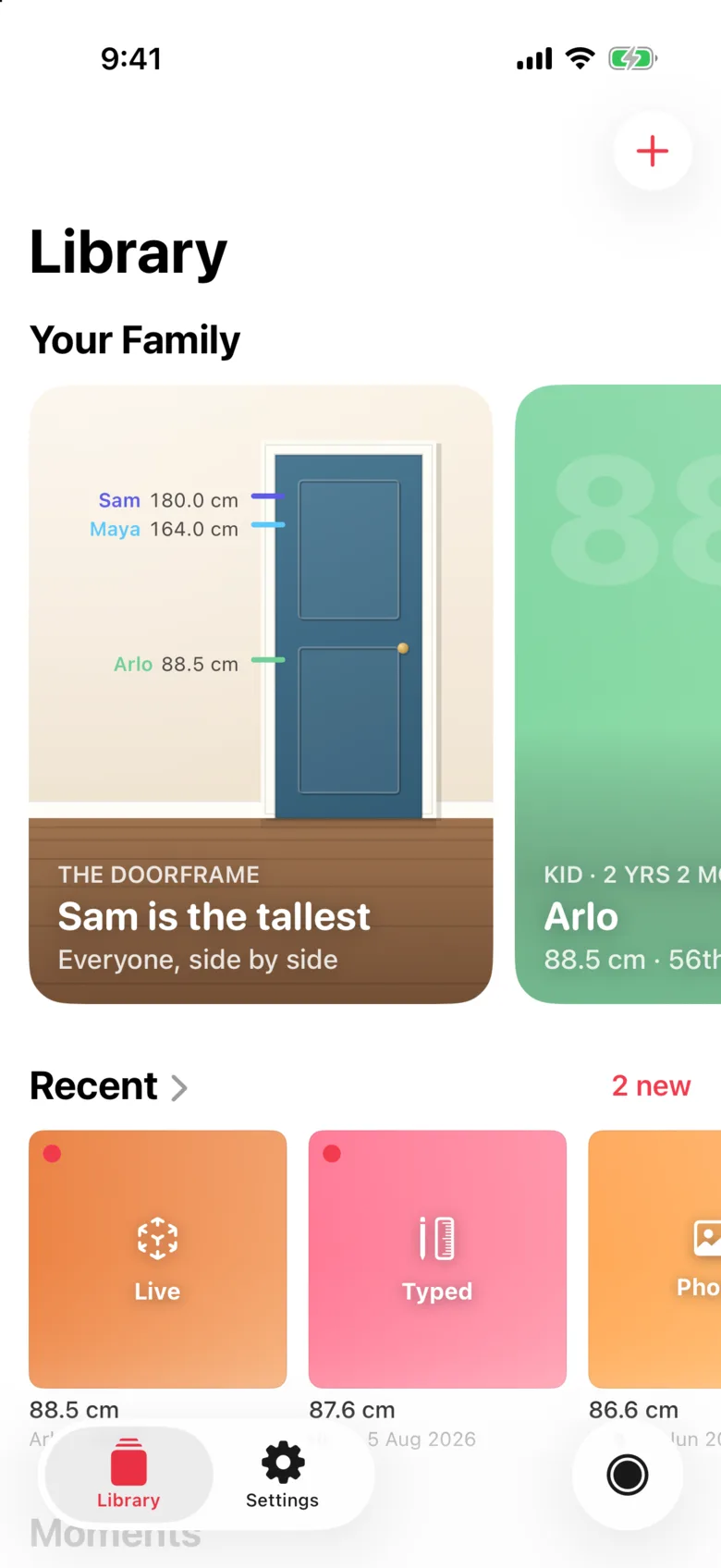 The Library: Your Family, with the Doorframe card showing Sam, Maya and Arlo's marks on a door, then Arlo's card, then Recent measurements